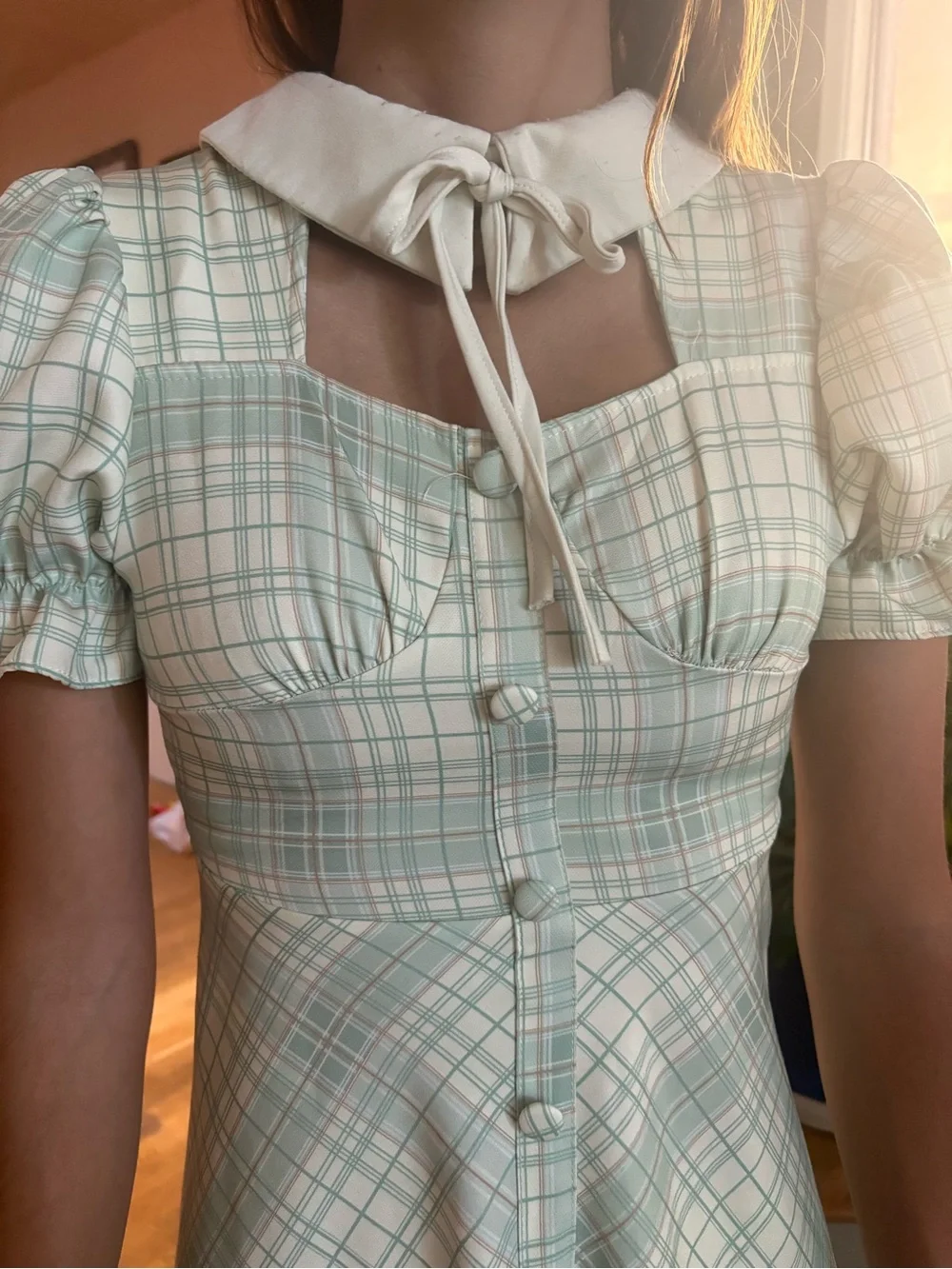 Vintage Mint Green Plaid Puff-Sleeve Mini Dress w/ Bow Collar Cut Out Detail XS - Picture 2 of 4